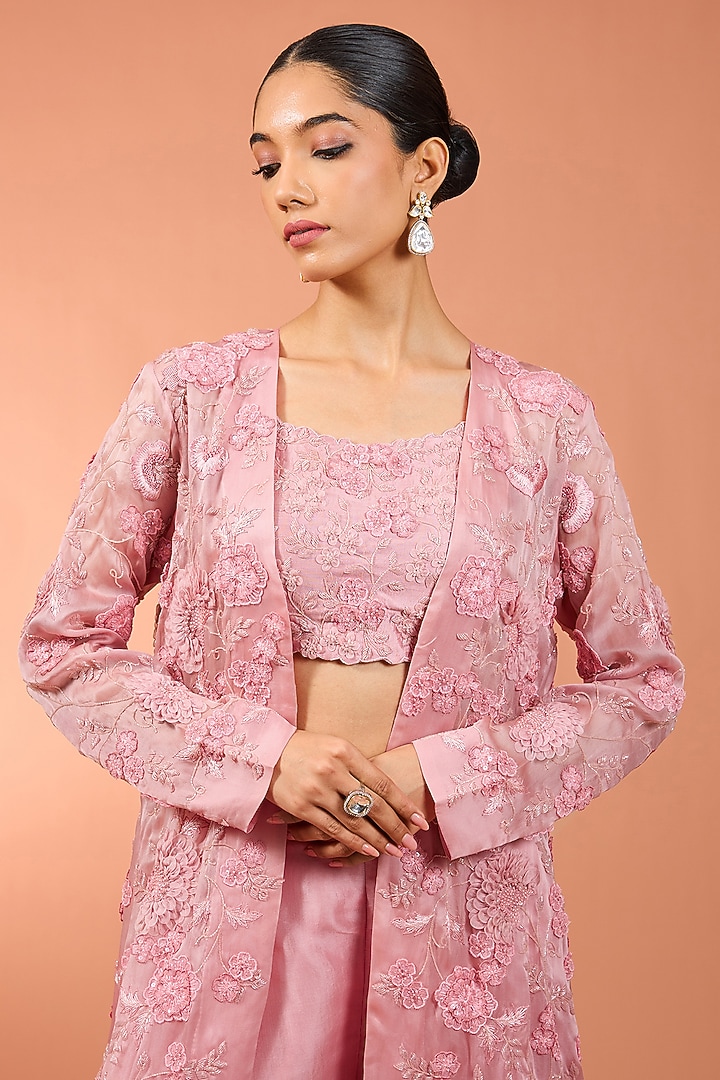 Pink Satin Organza 3D Floral Long Jacket Set by SURBHI SHAH at Pernia's Pop Up Shop
