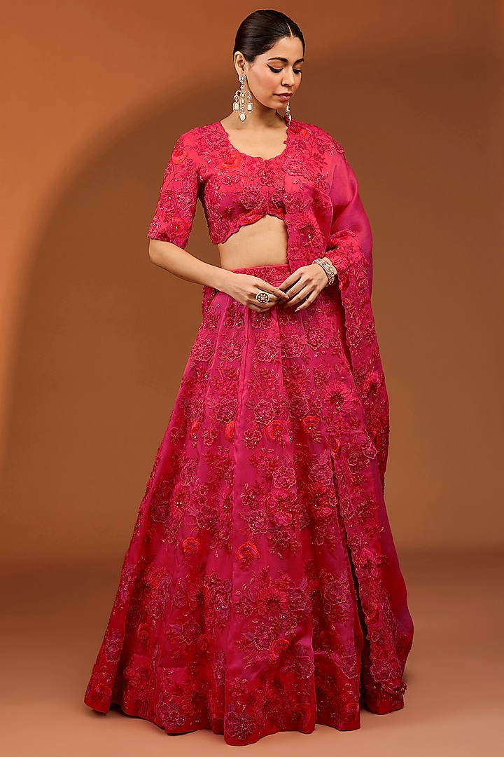 Red Satin Organza 3D Floral Cutdana Work Bridal Lehenga Set by SURBHI SHAH at Pernia's Pop Up Shop