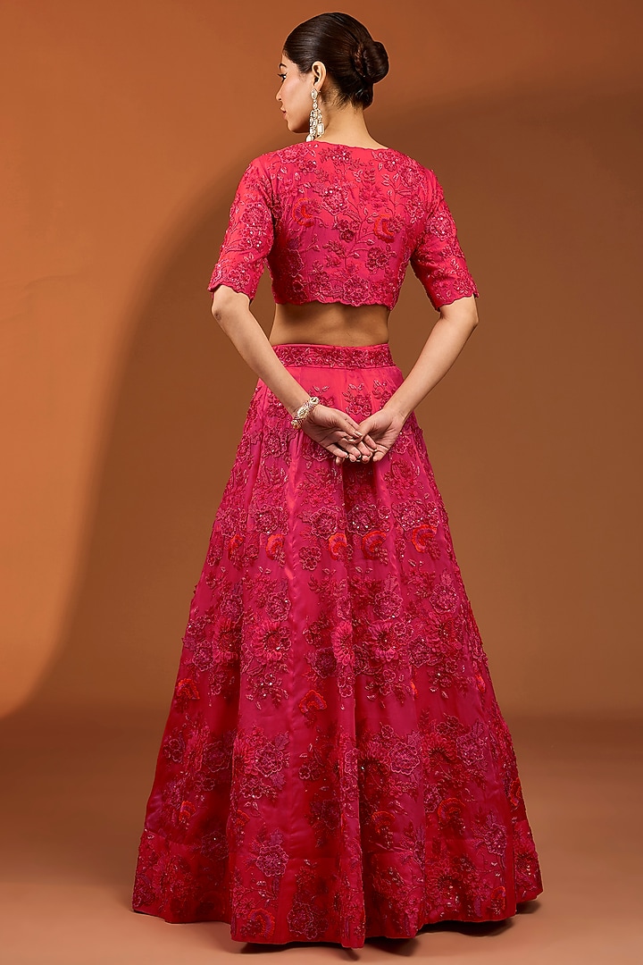 Red Satin Organza 3D Floral Cutdana Work Bridal Lehenga Set by SURBHI SHAH at Pernia's Pop Up Shop