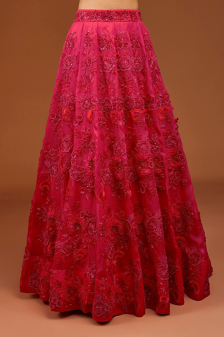 Red Satin Organza 3D Floral Cutdana Work Bridal Lehenga Set by SURBHI SHAH at Pernia's Pop Up Shop