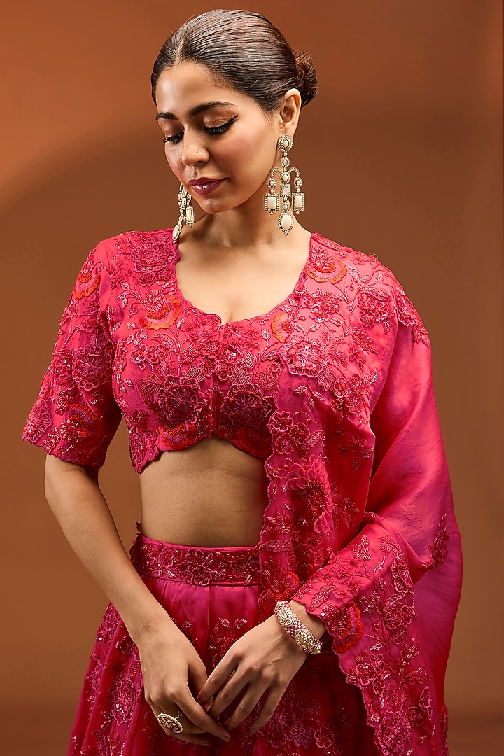 Red Satin Organza 3D Floral Cutdana Work Bridal Lehenga Set by SURBHI SHAH at Pernia's Pop Up Shop