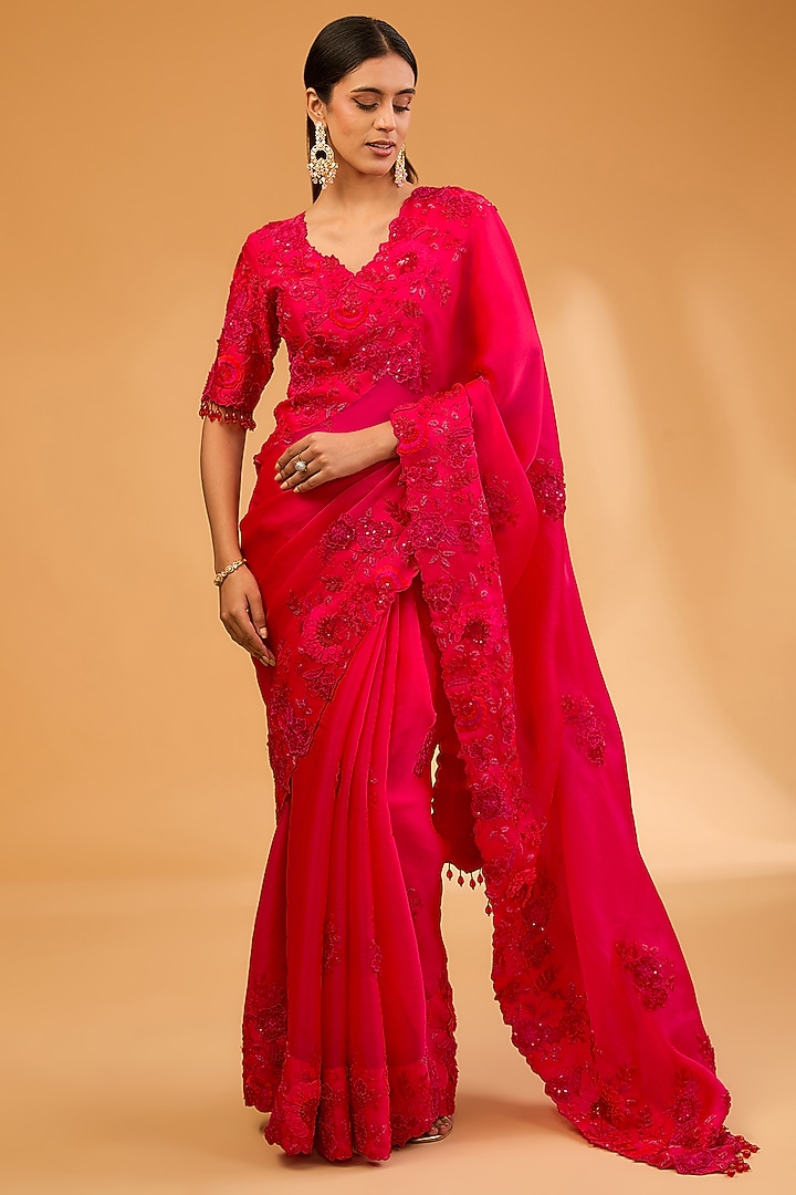 Red Satin Organza 3D Floral & Cutdana Work Reception Saree Set by SURBHI SHAH at Pernia's Pop Up Shop