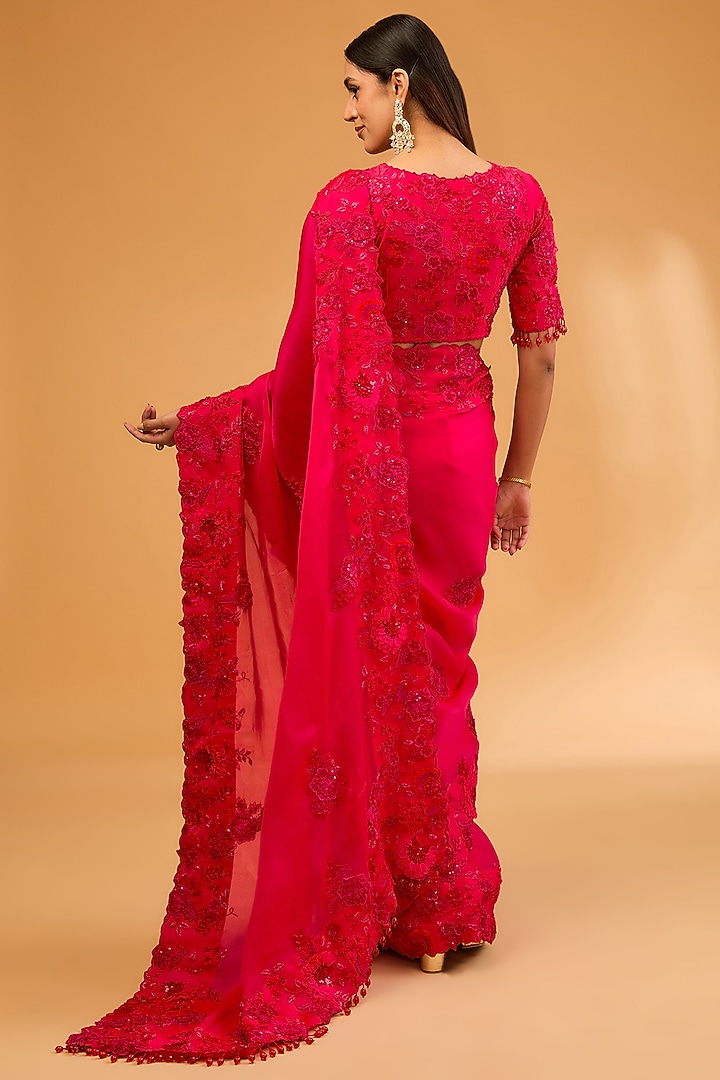 Red Satin Organza 3D Floral & Cutdana Work Reception Saree Set by SURBHI SHAH at Pernia's Pop Up Shop