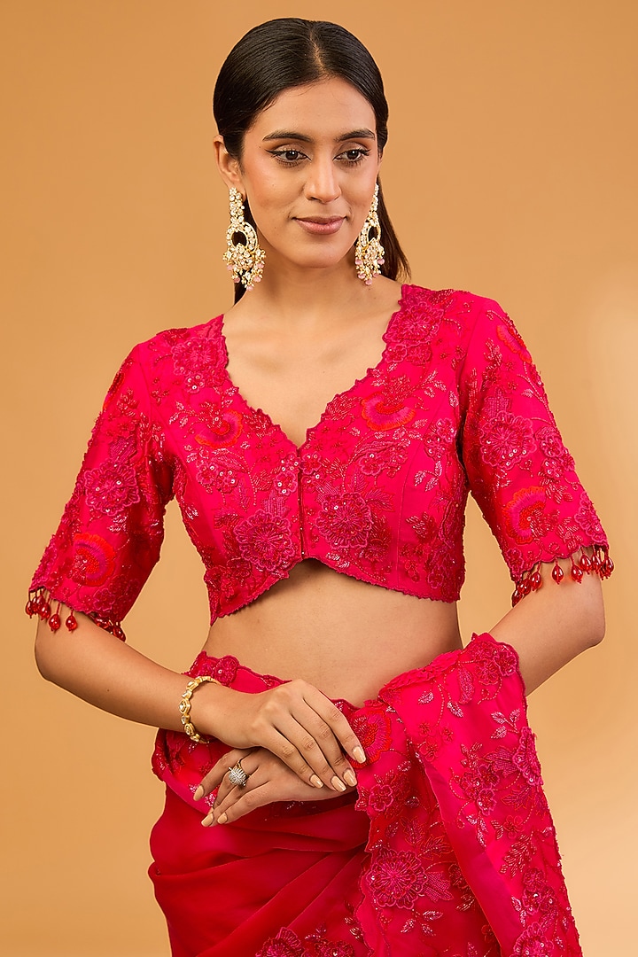 Red Satin Organza 3D Floral & Cutdana Work Reception Saree Set by SURBHI SHAH at Pernia's Pop Up Shop