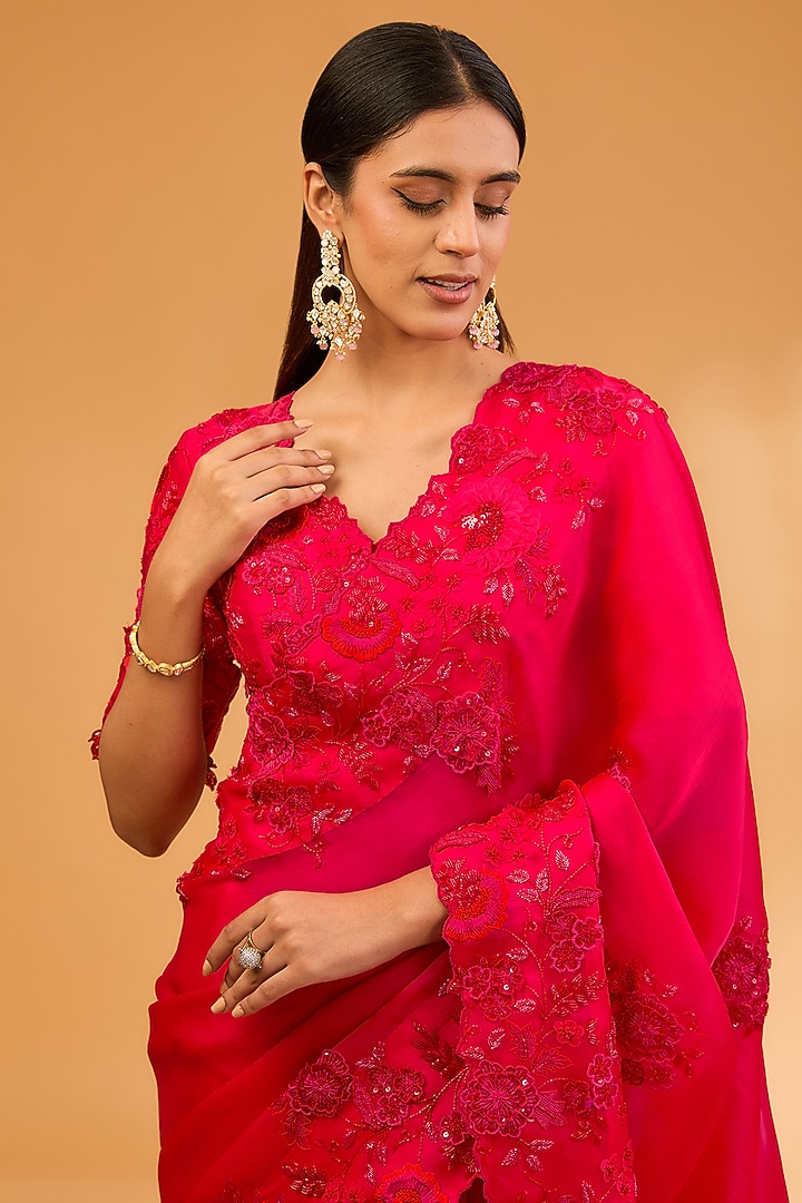 Red Satin Organza 3D Floral & Cutdana Work Reception Saree Set by SURBHI SHAH at Pernia's Pop Up Shop