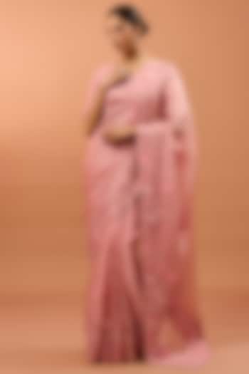 Pink Satin Organza 3D Floral & Cutdana Work Reception Saree Set by SURBHI SHAH at Pernia's Pop Up Shop