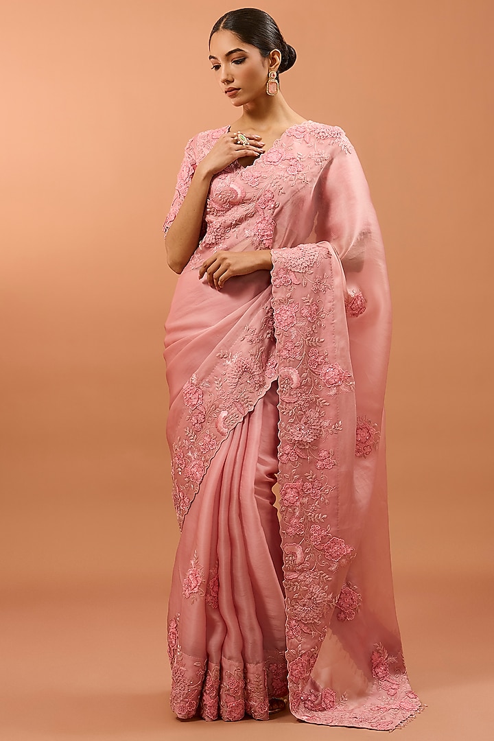 Pink Satin Organza 3D Floral & Cutdana Work Reception Saree Set by SURBHI SHAH at Pernia's Pop Up Shop