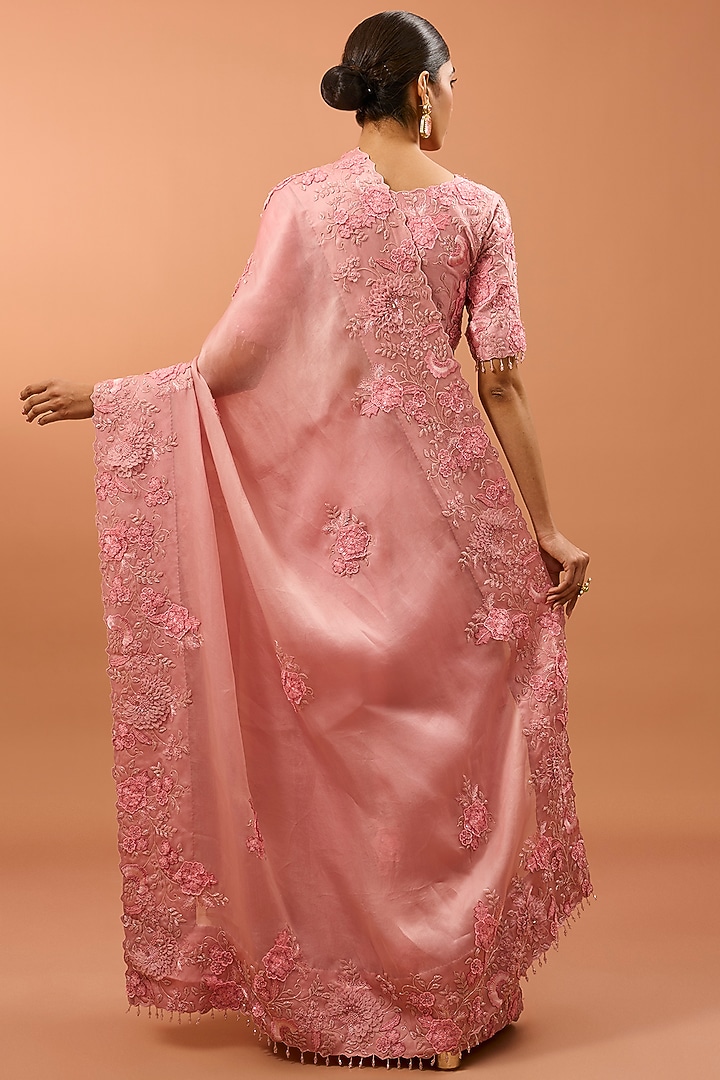 Pink Satin Organza 3D Floral & Cutdana Work Reception Saree Set by SURBHI SHAH at Pernia's Pop Up Shop