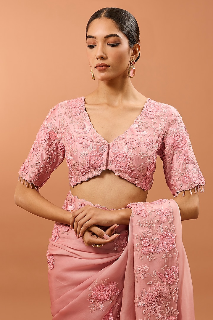 Pink Satin Organza 3D Floral & Cutdana Work Reception Saree Set by SURBHI SHAH at Pernia's Pop Up Shop