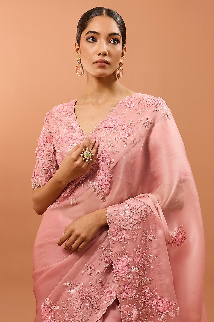 Pink Satin Organza 3D Floral & Cutdana Work Reception Saree Set by SURBHI SHAH at Pernia's Pop Up Shop