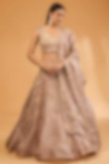 Beige Satin Organza 3D Floral & Cutdana Work Bridal Lehenga Set by SURBHI SHAH at Pernia's Pop Up Shop
