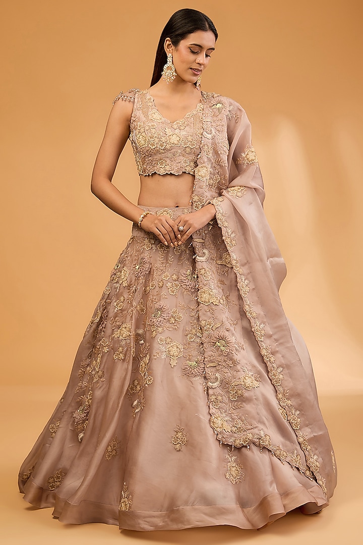 Beige Satin Organza 3D Floral & Cutdana Work Bridal Lehenga Set by SURBHI SHAH at Pernia's Pop Up Shop