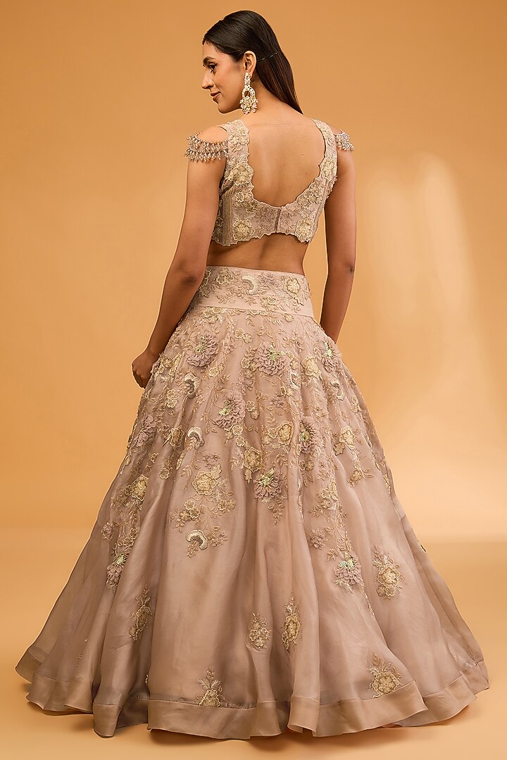 Beige Satin Organza 3D Floral & Cutdana Work Bridal Lehenga Set by SURBHI SHAH at Pernia's Pop Up Shop