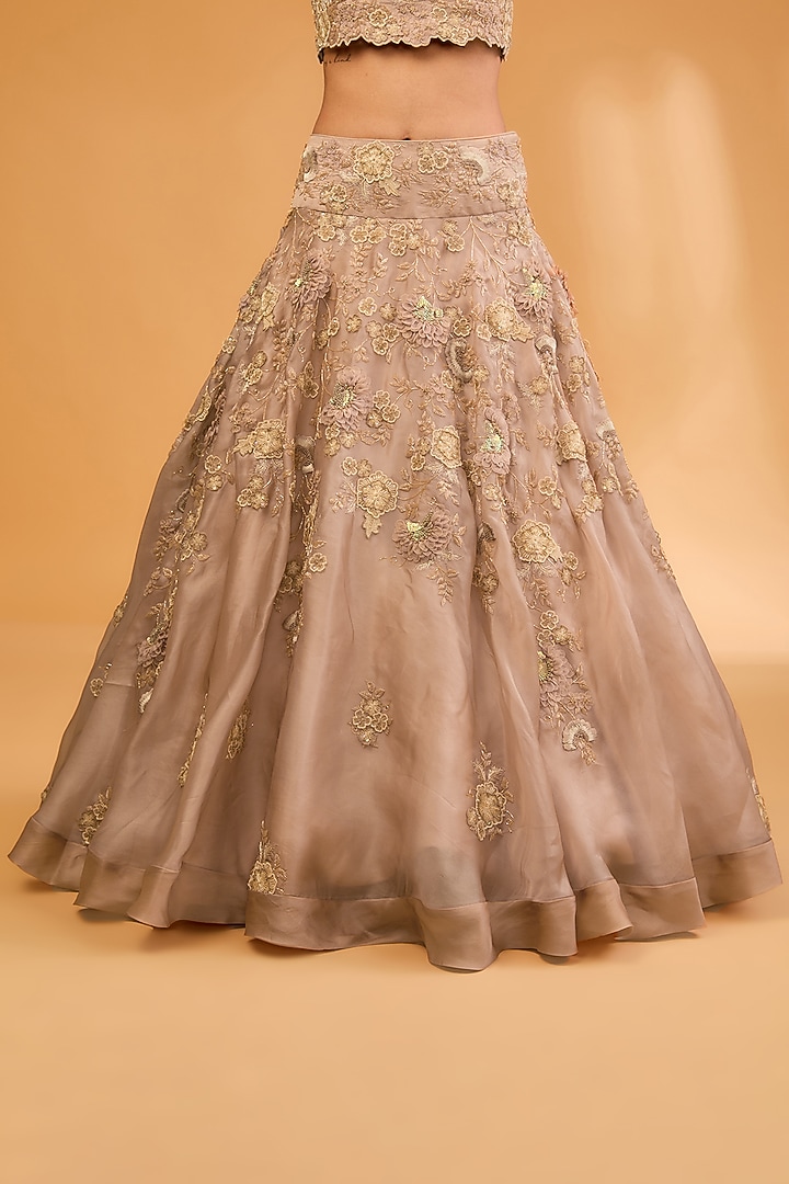 Beige Satin Organza 3D Floral & Cutdana Work Bridal Lehenga Set by SURBHI SHAH at Pernia's Pop Up Shop