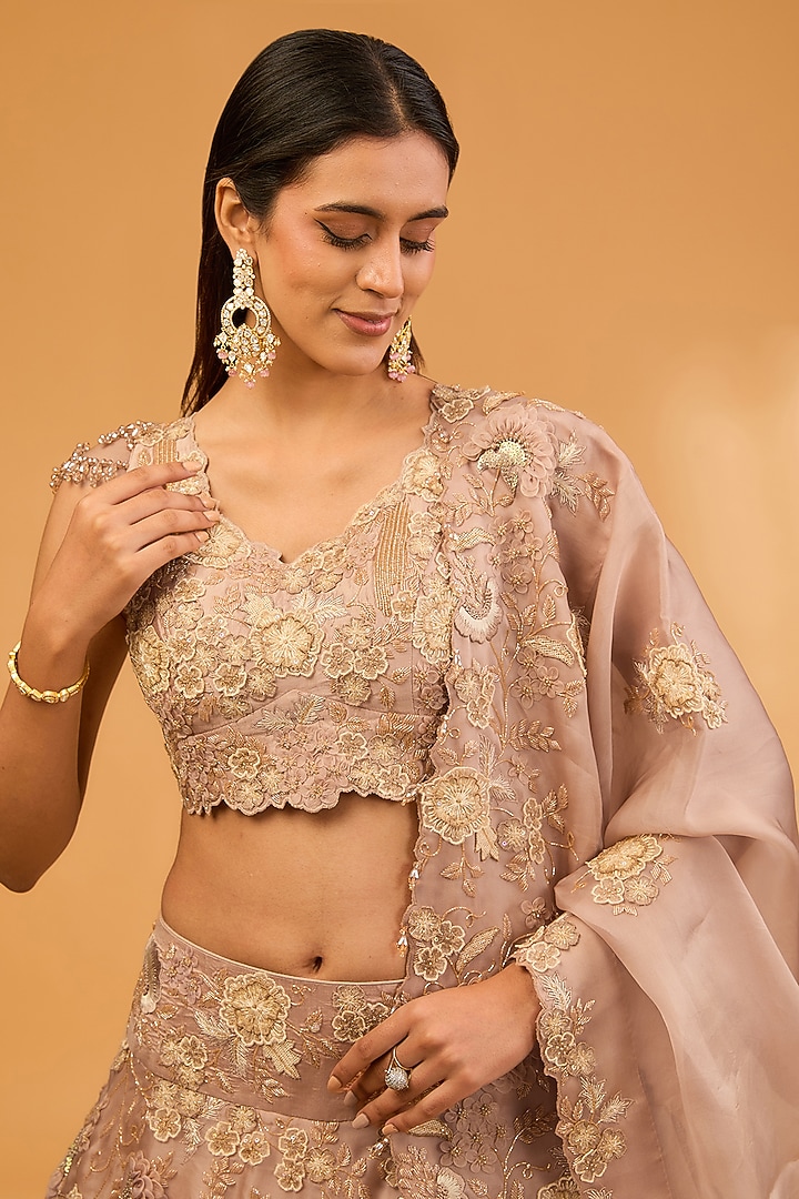 Beige Satin Organza 3D Floral & Cutdana Work Bridal Lehenga Set by SURBHI SHAH at Pernia's Pop Up Shop