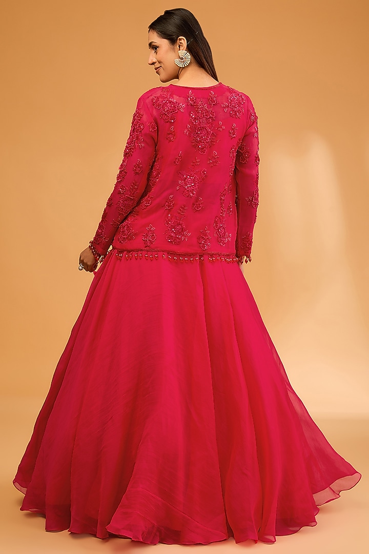 Red Organza 3D Floral & Cutdana Work Short Jacket Set by SURBHI SHAH at Pernia's Pop Up Shop