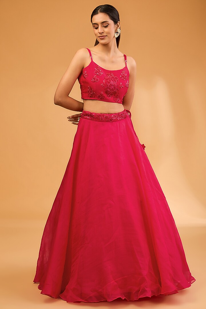 Red Organza 3D Floral & Cutdana Work Short Jacket Set by SURBHI SHAH at Pernia's Pop Up Shop