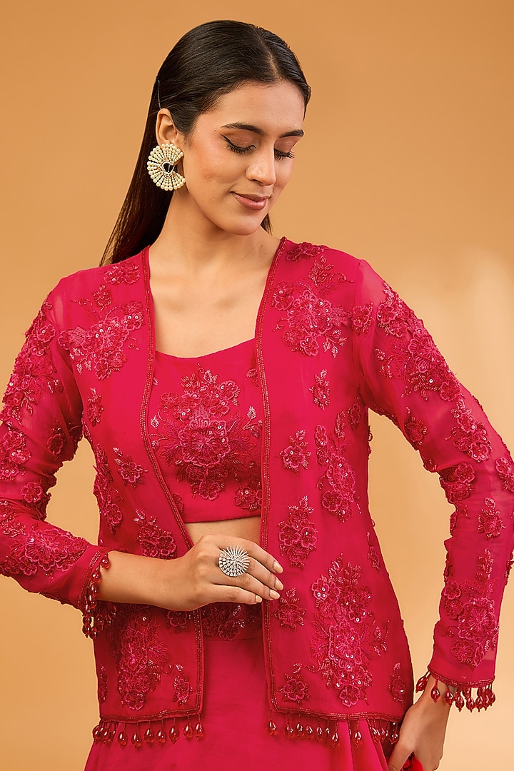 Red Organza 3D Floral & Cutdana Work Short Jacket Set by SURBHI SHAH at Pernia's Pop Up Shop