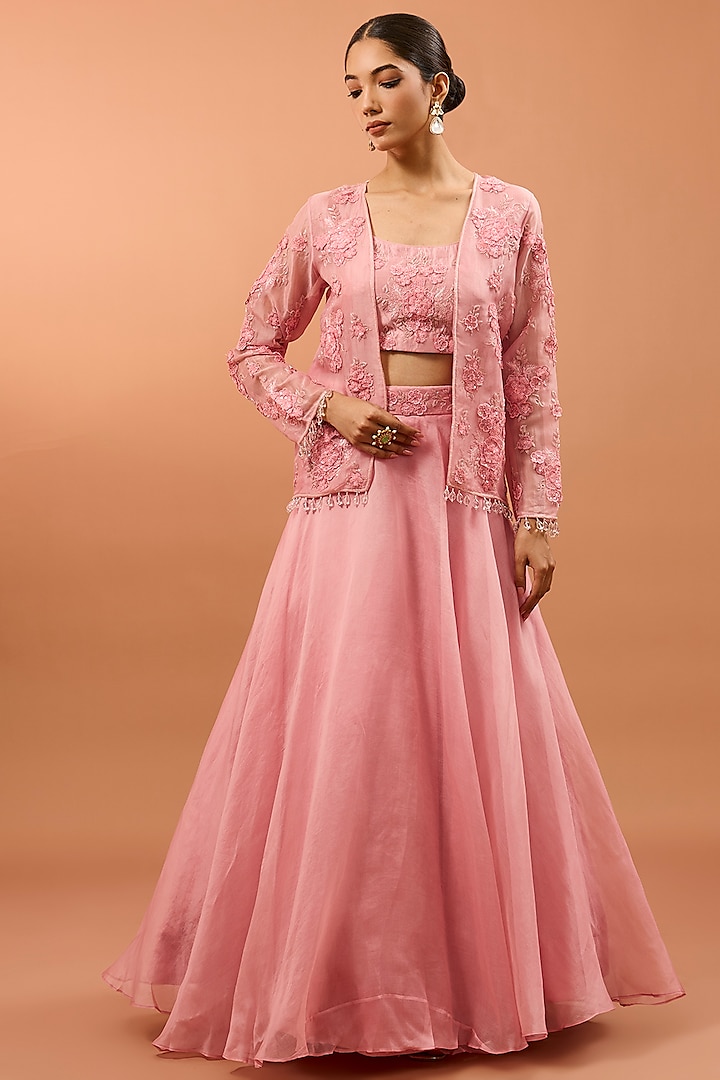 Pink Organza 3D Floral Work Jacket Set by SURBHI SHAH at Pernia's Pop Up Shop