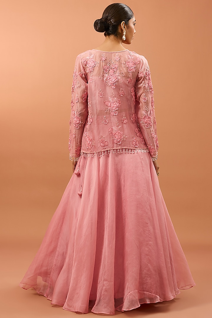 Pink Organza 3D Floral Work Jacket Set by SURBHI SHAH at Pernia's Pop Up Shop
