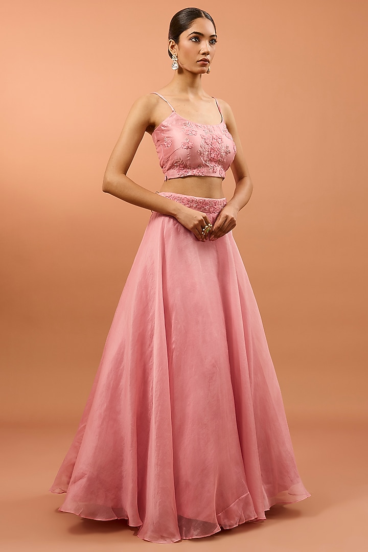 Pink Organza 3D Floral Work Jacket Set by SURBHI SHAH at Pernia's Pop Up Shop
