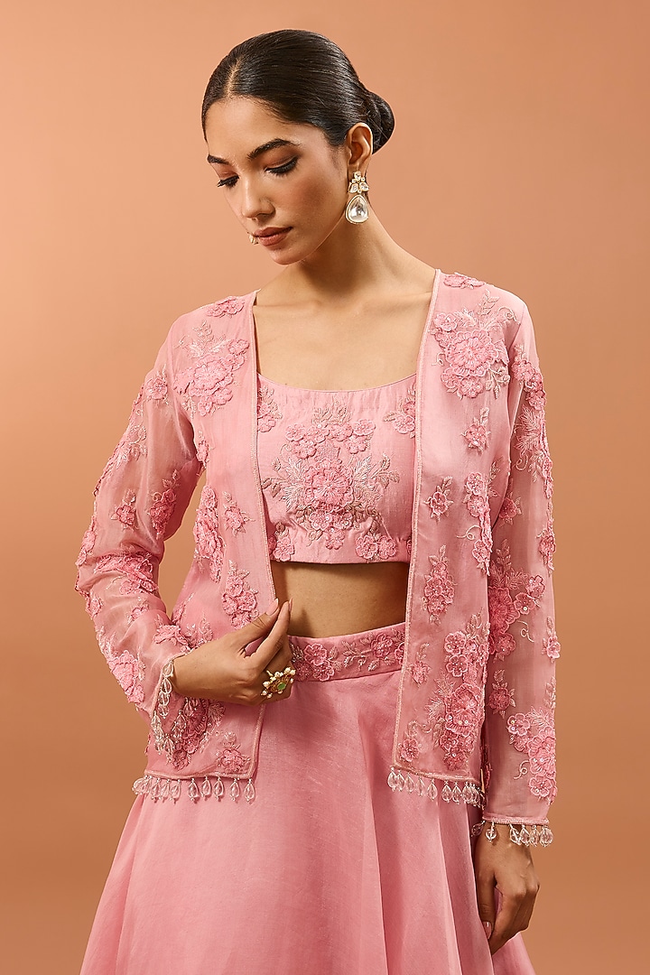 Pink Organza 3D Floral Work Jacket Set by SURBHI SHAH at Pernia's Pop Up Shop