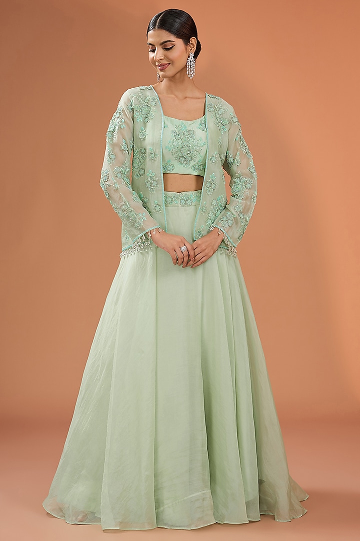 Mint Green Organza Skirt Set by SURBHI SHAH at Pernia's Pop Up Shop