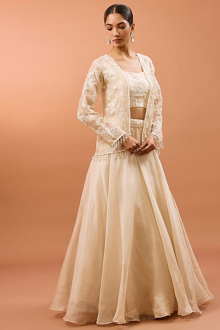 White Organza 3D Floral Work Jacket Set by SURBHI SHAH at Pernia's Pop Up Shop