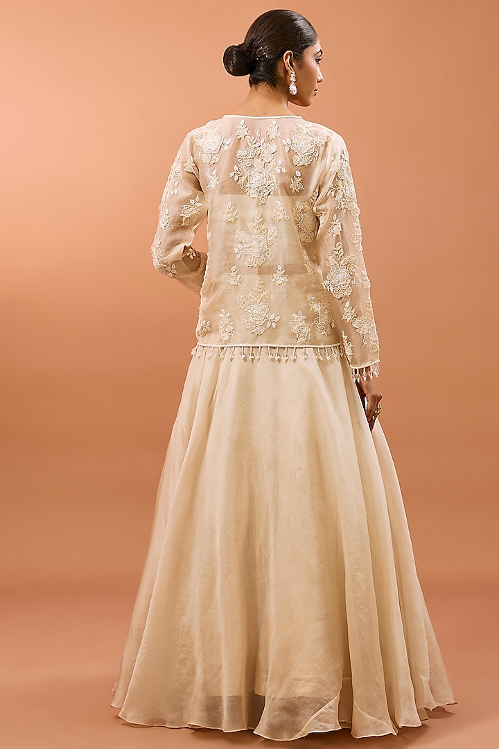 White Organza 3D Floral Work Jacket Set by SURBHI SHAH at Pernia's Pop Up Shop
