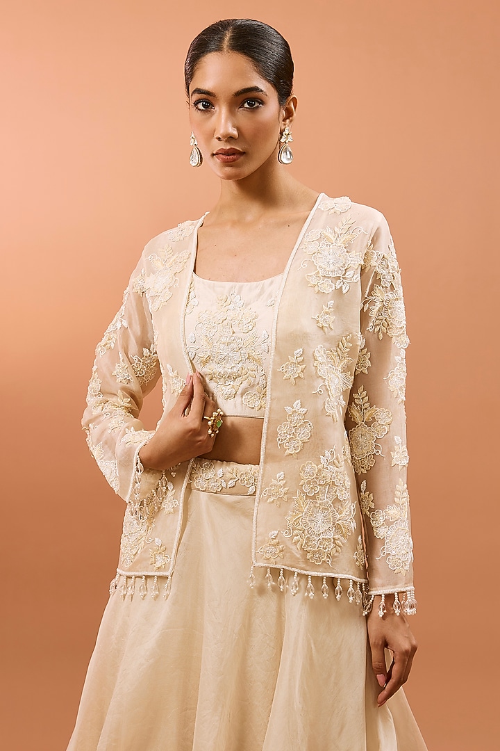 White Organza 3D Floral Work Jacket Set by SURBHI SHAH at Pernia's Pop Up Shop