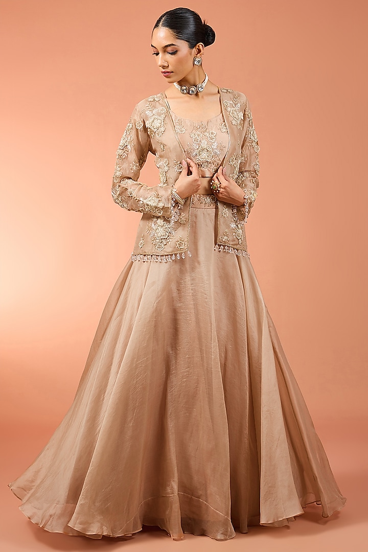 Beige Organza Skirt Set by SURBHI SHAH at Pernia's Pop Up Shop