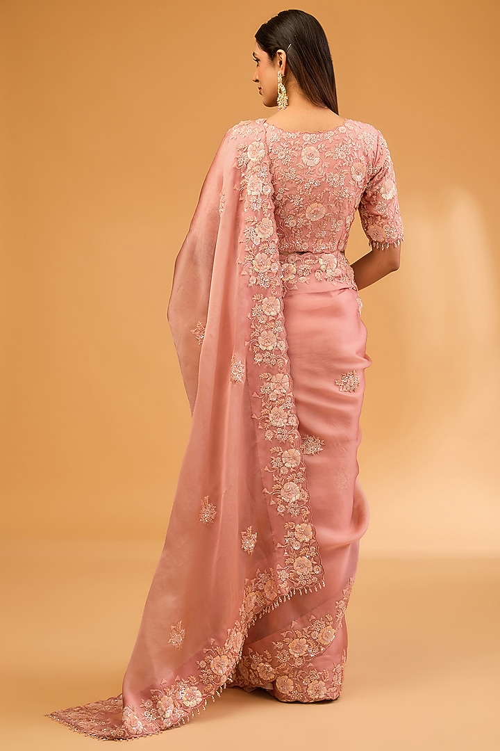 Peach Satin Organza Sequins & Net Patti Work Reception Saree Set by SURBHI SHAH at Pernia's Pop Up Shop