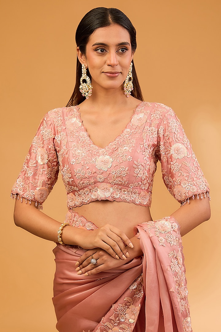 Peach Satin Organza Sequins & Net Patti Work Reception Saree Set by SURBHI SHAH at Pernia's Pop Up Shop
