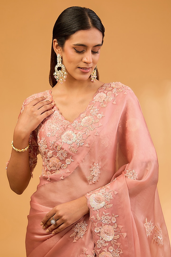Peach Satin Organza Sequins & Net Patti Work Reception Saree Set by SURBHI SHAH at Pernia's Pop Up Shop