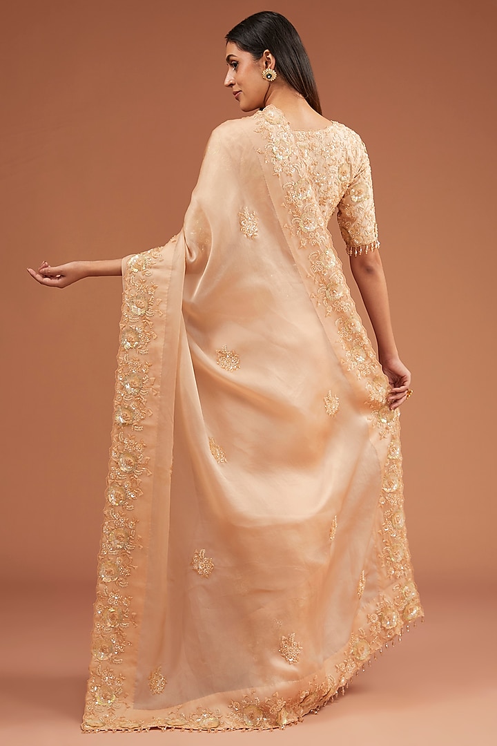 Champagne Satin Organza Cutdana Work Reception Saree Set by SURBHI SHAH at Pernia's Pop Up Shop