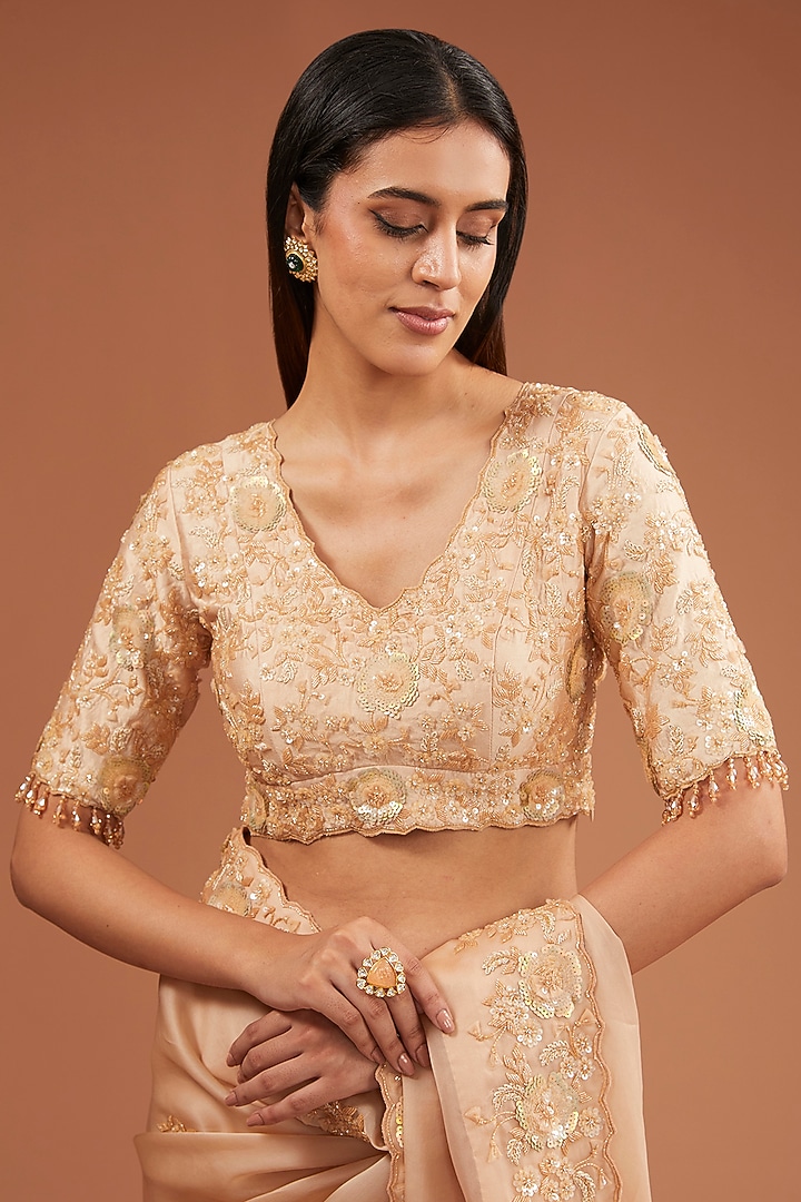 Champagne Satin Organza Cutdana Work Reception Saree Set by SURBHI SHAH at Pernia's Pop Up Shop