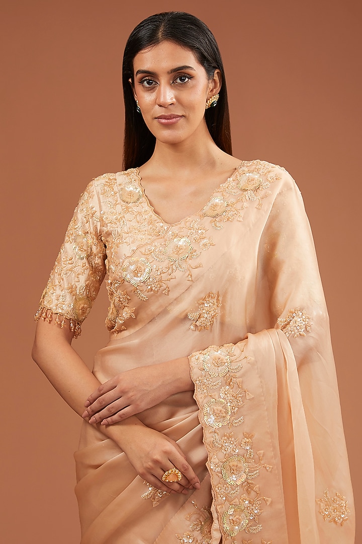 Champagne Satin Organza Cutdana Work Reception Saree Set by SURBHI SHAH at Pernia's Pop Up Shop