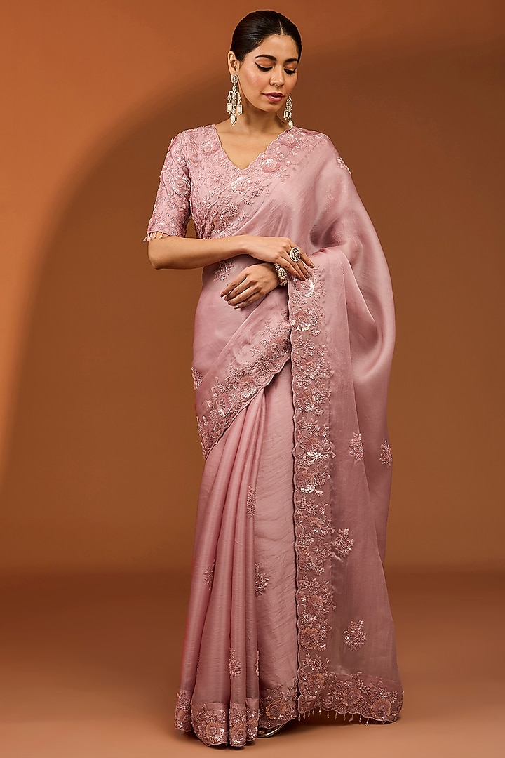 Pink Satin Organza Reception Saree Set by SURBHI SHAH at Pernia's Pop Up Shop