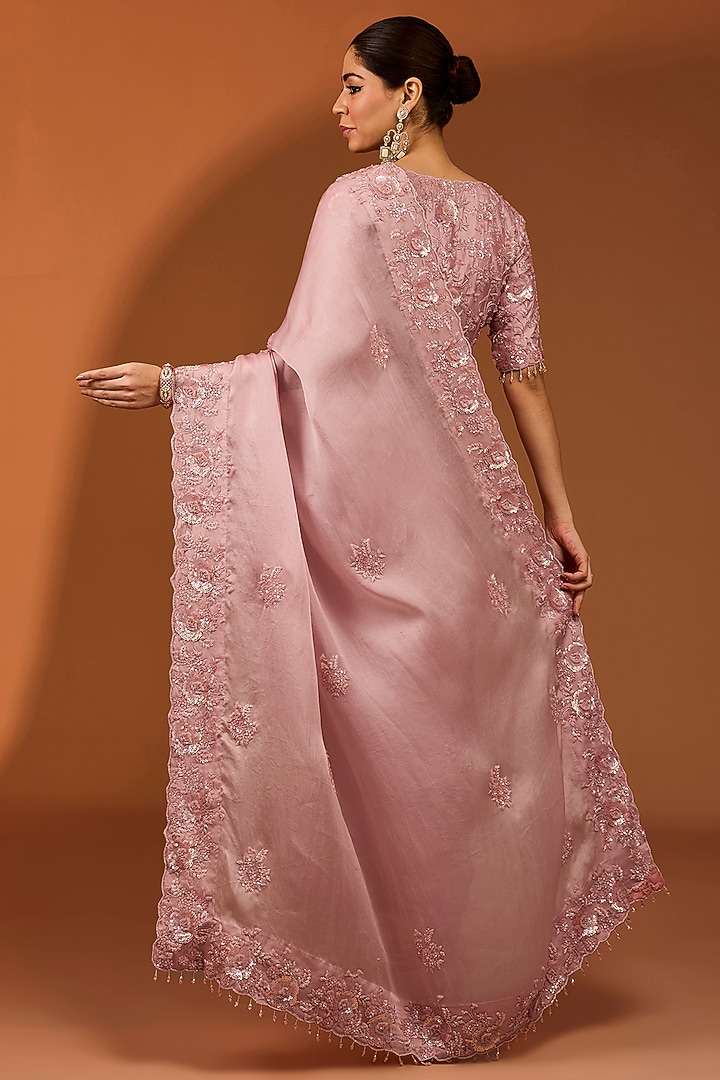 Pink Satin Organza Reception Saree Set by SURBHI SHAH at Pernia's Pop Up Shop