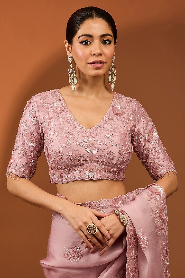 Pink Satin Organza Reception Saree Set by SURBHI SHAH at Pernia's Pop Up Shop