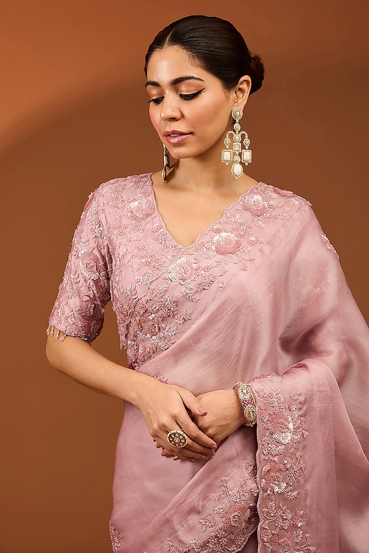 Pink Satin Organza Reception Saree Set by SURBHI SHAH at Pernia's Pop Up Shop