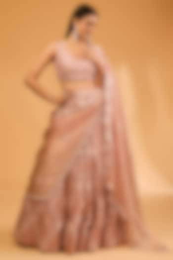 Peach Satin Organza Patti Work Bridal Lehenga Set by SURBHI SHAH at Pernia's Pop Up Shop