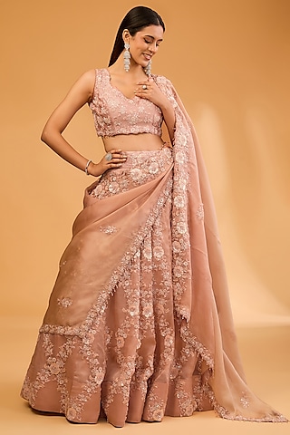 Peach Satin Organza Patti Work Lehenga Set by SURBHI SHAH