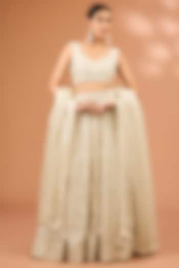 Ivory Satin Organza Sequins & Cutdana Work Bridal Lehenga Set by SURBHI SHAH at Pernia's Pop Up Shop