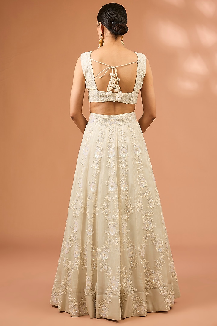 Ivory Satin Organza Sequins & Cutdana Work Bridal Lehenga Set by SURBHI SHAH at Pernia's Pop Up Shop