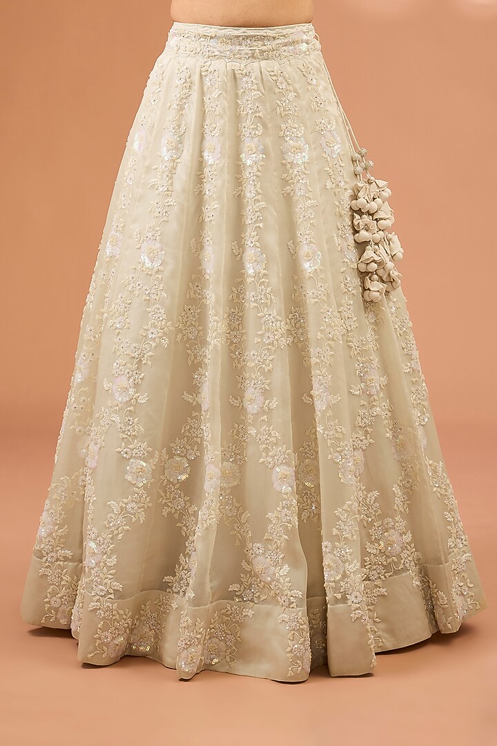 Ivory Satin Organza Sequins & Cutdana Work Bridal Lehenga Set by SURBHI SHAH at Pernia's Pop Up Shop