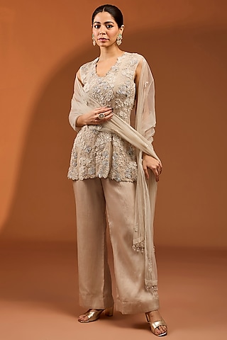 Silver Georgette Sequin Work Kurta Set by SURBHI SHAH