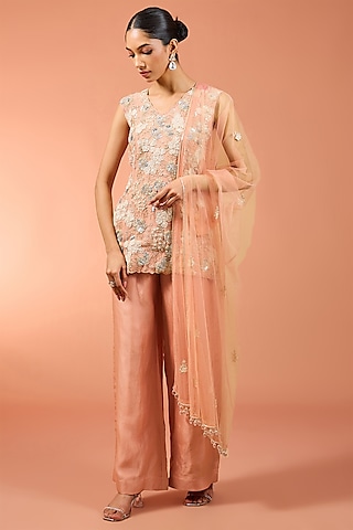 Peach Georgette Sequins Work Kurta Set by SURBHI SHAH