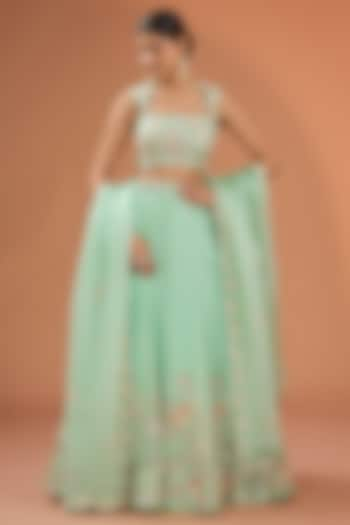 Mint Green Organza Sequins & Cutdana Work Bridal Lehenga Set by SURBHI SHAH at Pernia's Pop Up Shop