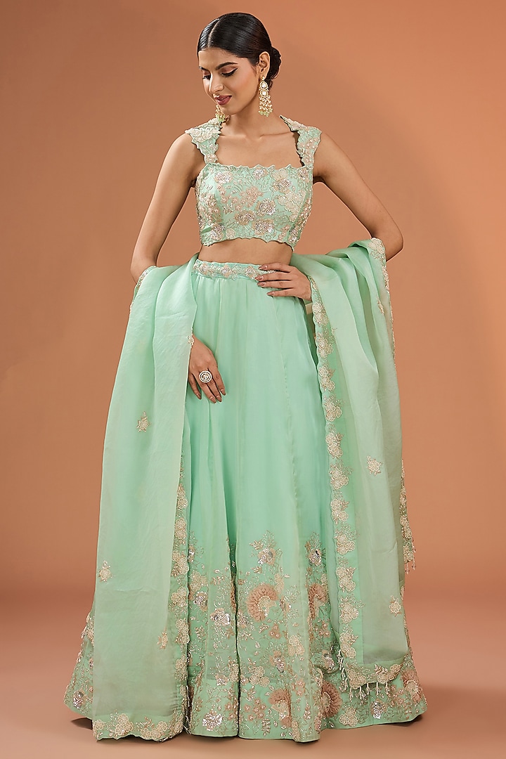 Mint Green Organza Sequins & Cutdana Work Bridal Lehenga Set by SURBHI SHAH at Pernia's Pop Up Shop